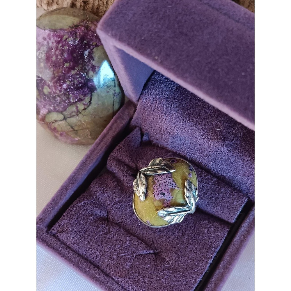 925 Sterling Silver Rare Oval Stichtite + Serpentine Ring Size 7 & Palm Stone